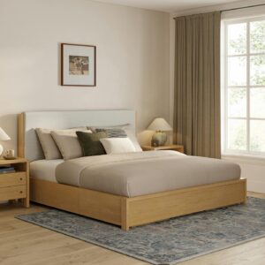 Cassie King Upholstered Storage Bed - Natural Oak and Ivory Chenille