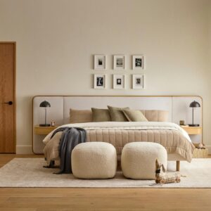Bjorn King Upholstered Bed with Nightstands Set - White Oak and Ratine Ivory