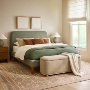 Rosin Queen Upholstered Bed - Smoked Oak and Welsh Green