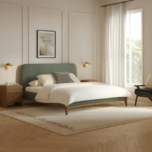 Rosin King Upholstered Bed - Smoked Oak and Welsh Green