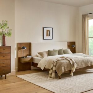 Cassie King Upholstered Bed with Nightstands - Smoked Oak and Taupe Chenille