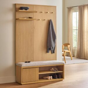 Kouva 47" Bench and Wall Panel Storage Set - Natural Oak and Santolina Gray
