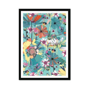 Poppies Neon Turquoise Fine Art Print Black