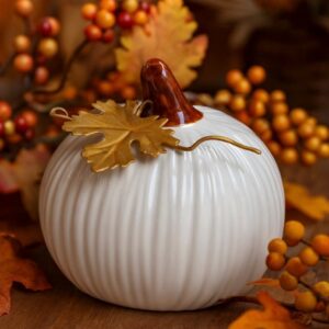 Gisela Graham White Mini Pumpkin with Gold Leaf