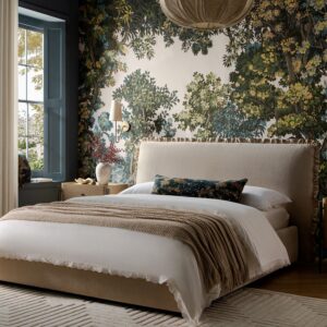 Celeste Upholstered Storage Bed with Ruffled Headboard, Fawn Chenille